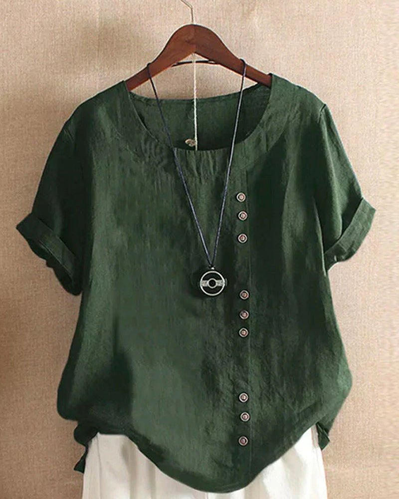 Women Linen Button Front Tunic Top Short Sleeve - Image 7