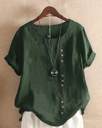 Women Linen Button Front Tunic Top Short Sleeve - Image 7