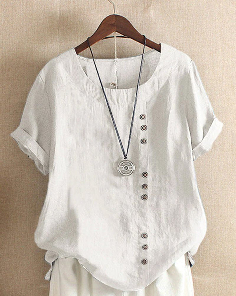 Women Linen Button Front Tunic Top Short Sleeve