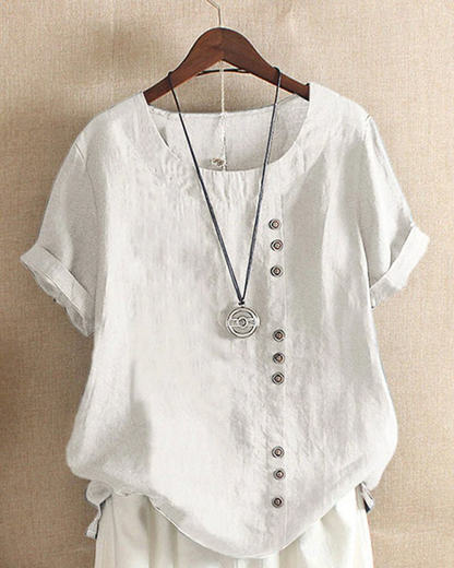 Women Linen Button Front Tunic Top Short Sleeve