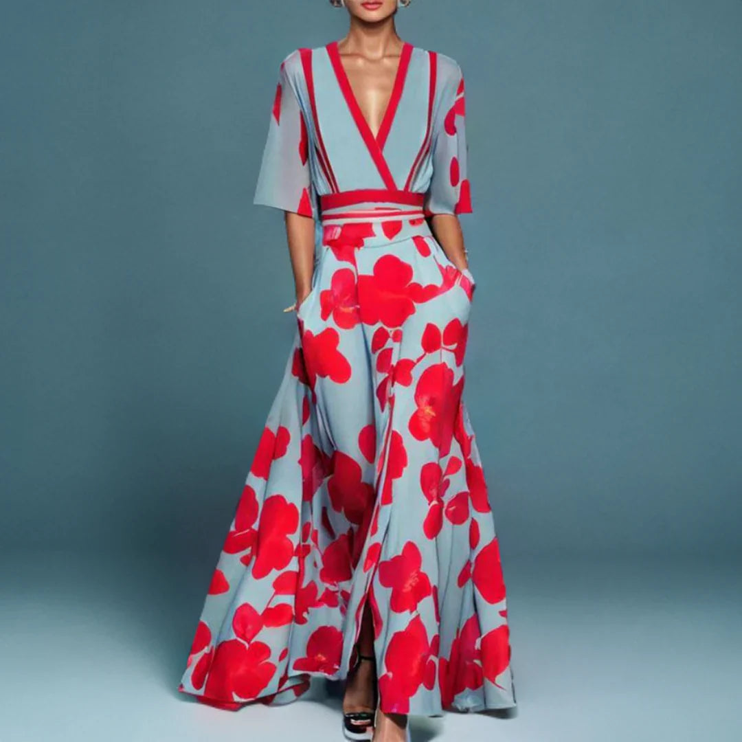 Women Floral Wrap Maxi Dress V-Neck Blue Red Poppy Print