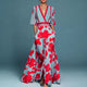 Women Floral Wrap Maxi Dress V-Neck Blue Red Poppy Print