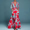 Women Floral Wrap Maxi Dress V-Neck Blue Red
