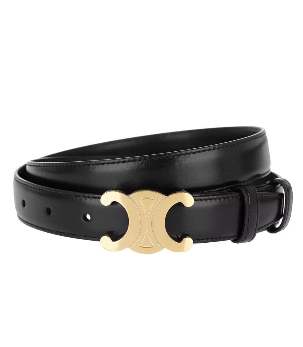 Women Slim Faux Leather Belt Gold Buckle Black
