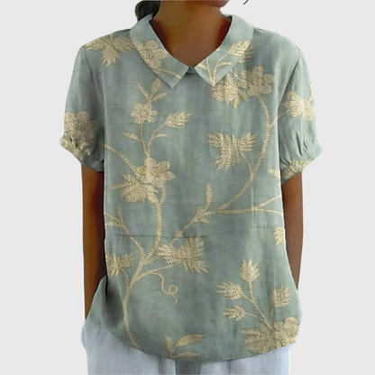 Women Linen Floral Print Short Sleeve Collared Blouse - Image 10
