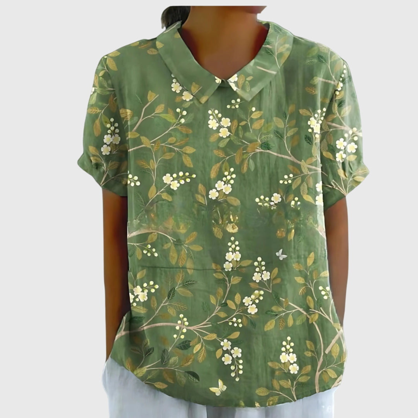 Women Linen Floral Print Short Sleeve Collared Blouse - Image 11
