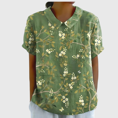 Women Linen Floral Print Short Sleeve Collared Blouse - Image 11