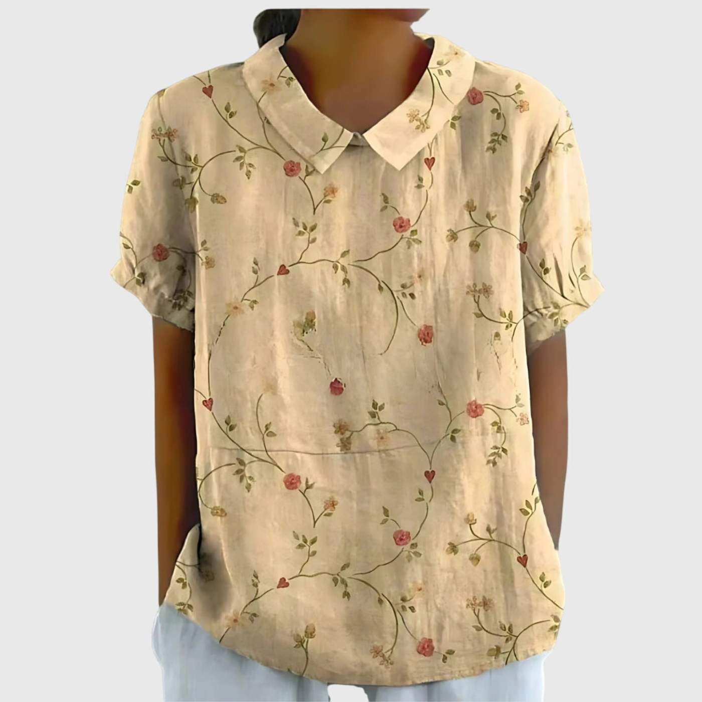 Women Linen Floral Print Short Sleeve Collared Blouse - Image 12