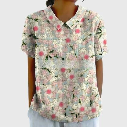 Women Linen Floral Print Short Sleeve Collared Blouse - Image 2