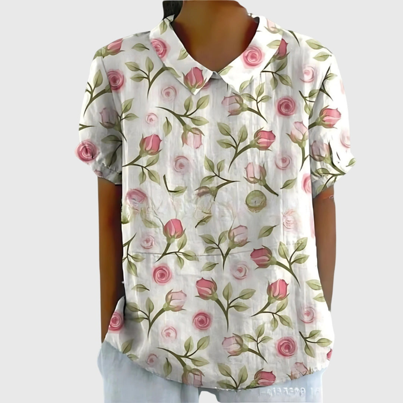Women Linen Floral Print Short Sleeve Collared Blouse - Image 3