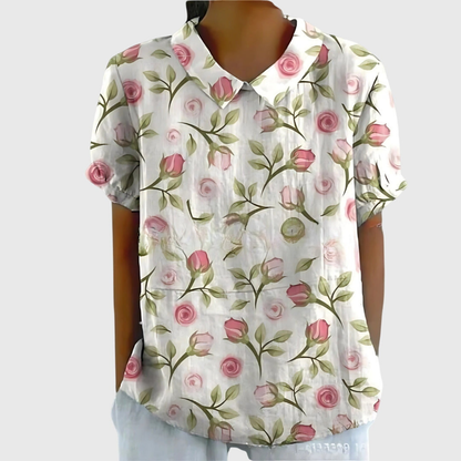 Women Linen Floral Print Short Sleeve Collared Blouse - Image 3
