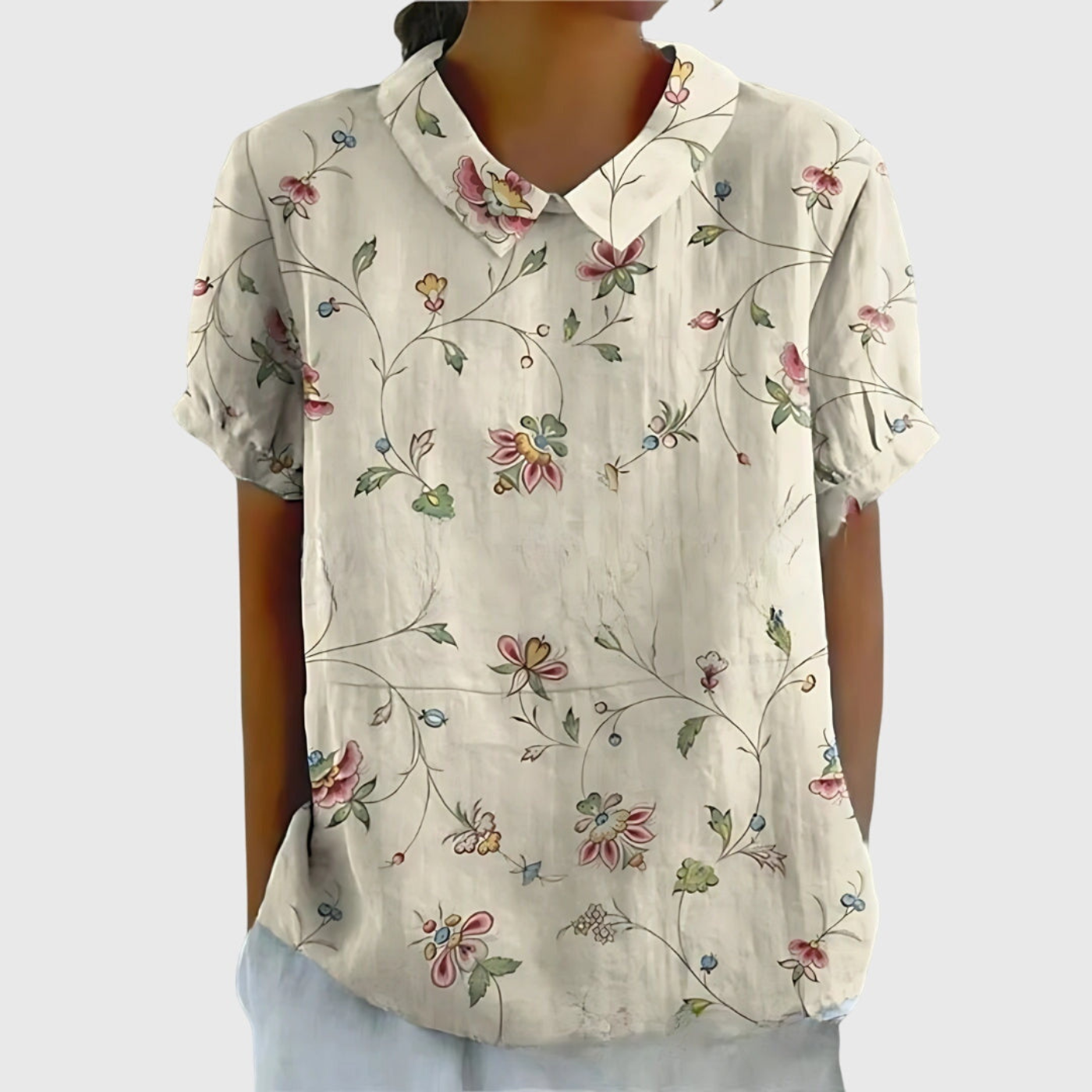 Women Linen Floral Print Short Sleeve Collared Blouse - Image 4
