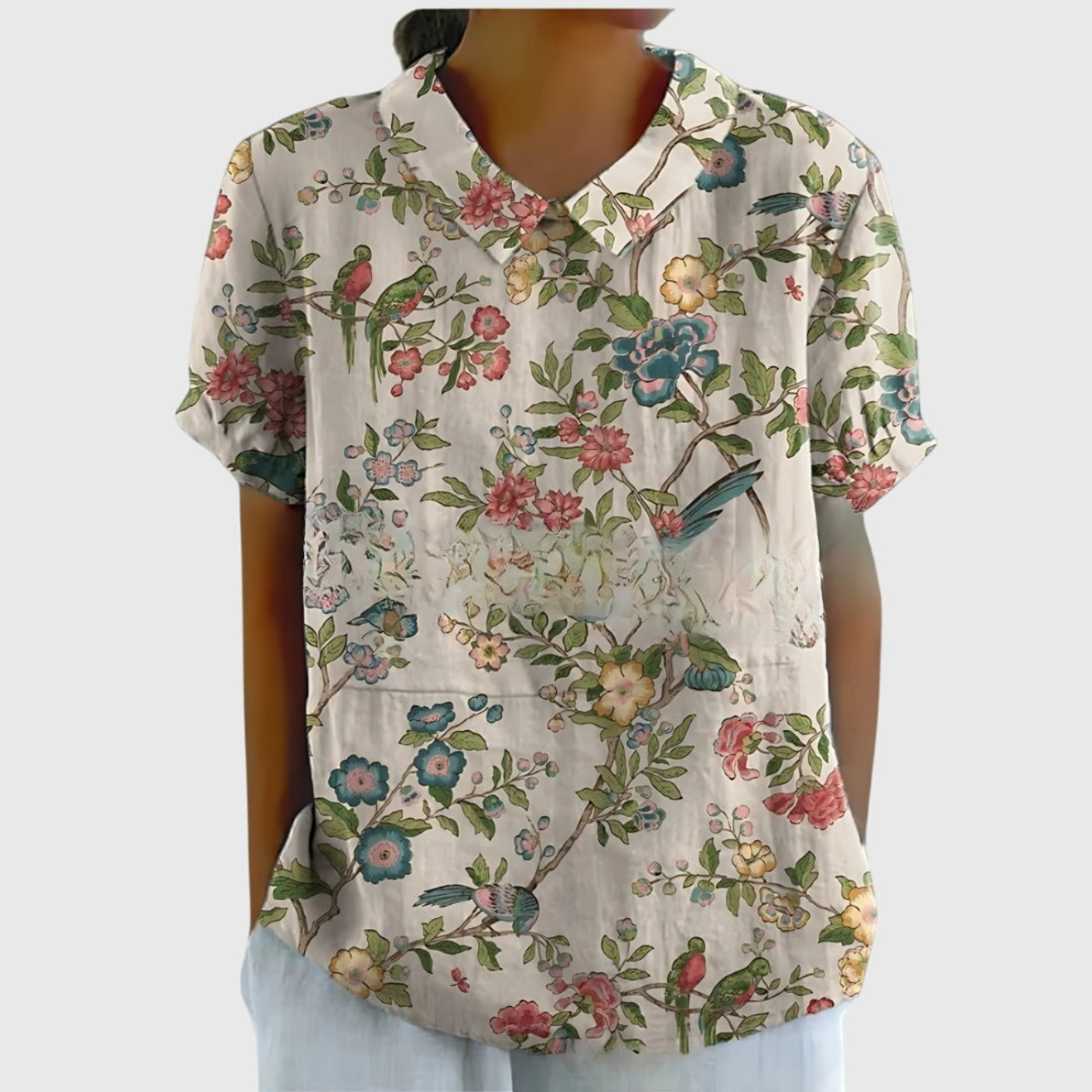 Women Linen Floral Print Short Sleeve Collared Blouse - Image 5