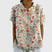 Women Linen Floral Print Short Sleeve Collared Blouse - Image 6