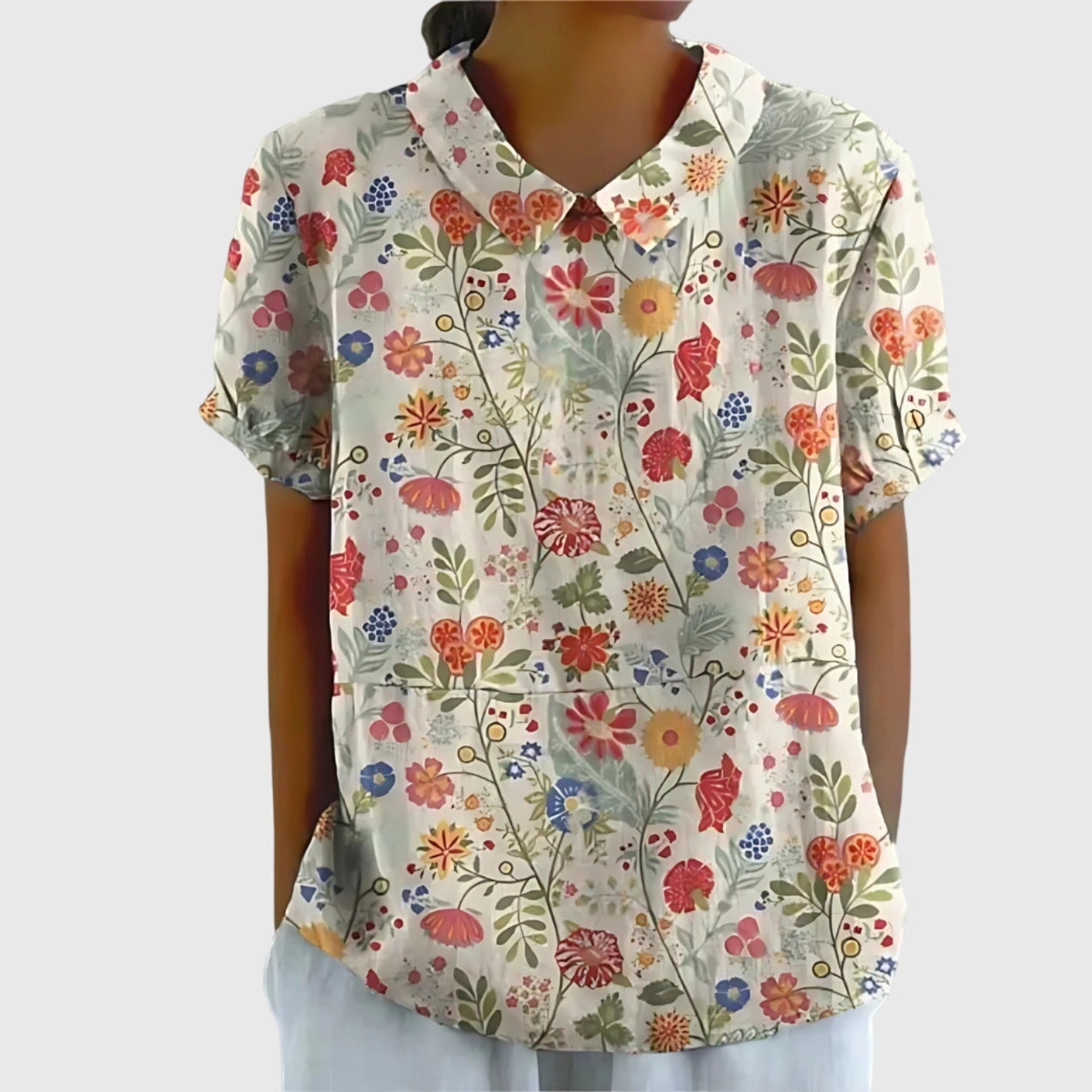 Women Linen Floral Print Short Sleeve Collared Blouse - Image 6