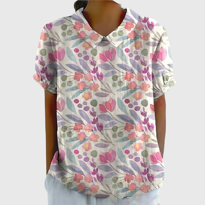 Women Linen Floral Print Short Sleeve Collared Blouse - Image 7