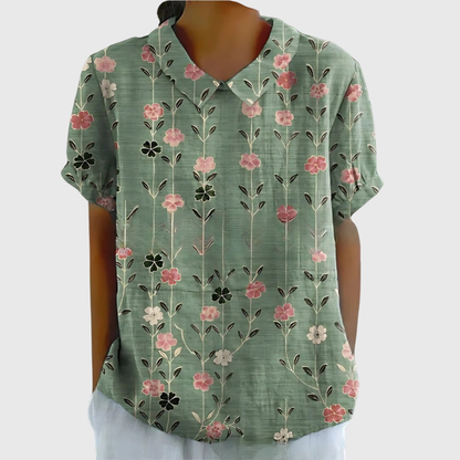 Women Linen Floral Print Short Sleeve Collared Blouse - Image 8