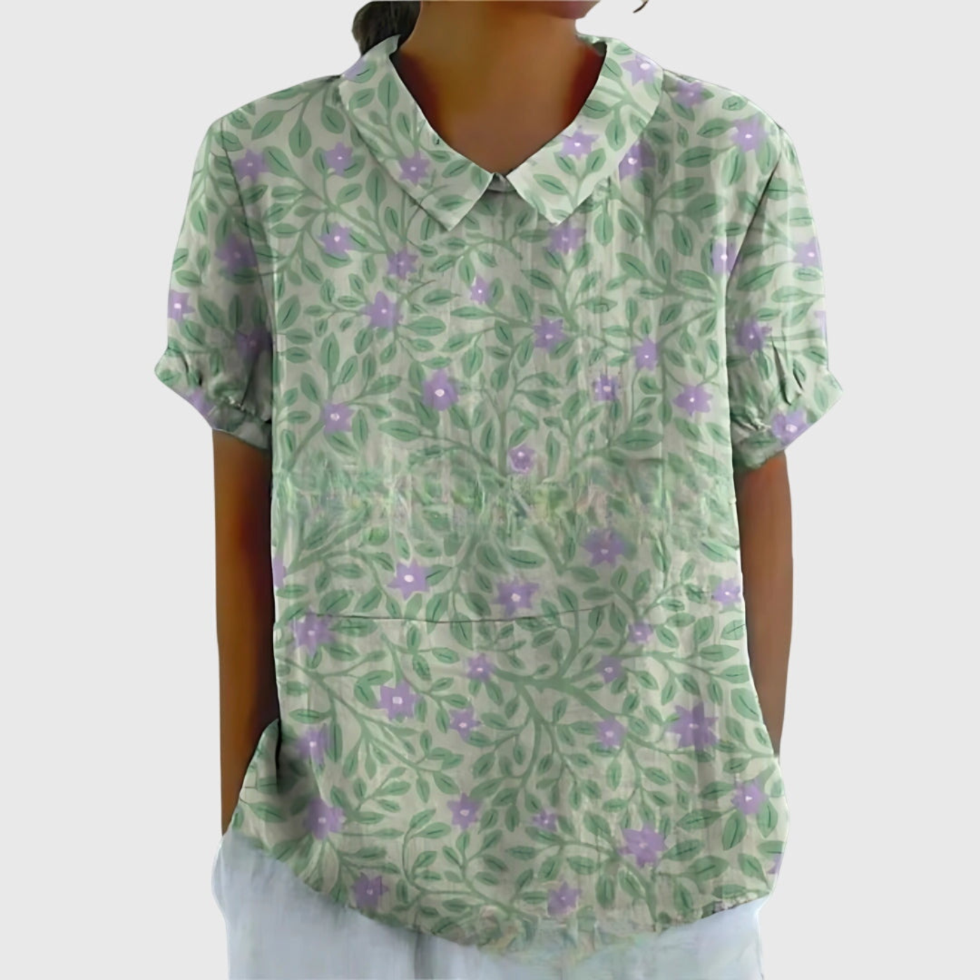 Women Linen Floral Print Short Sleeve Collared Blouse - Image 9