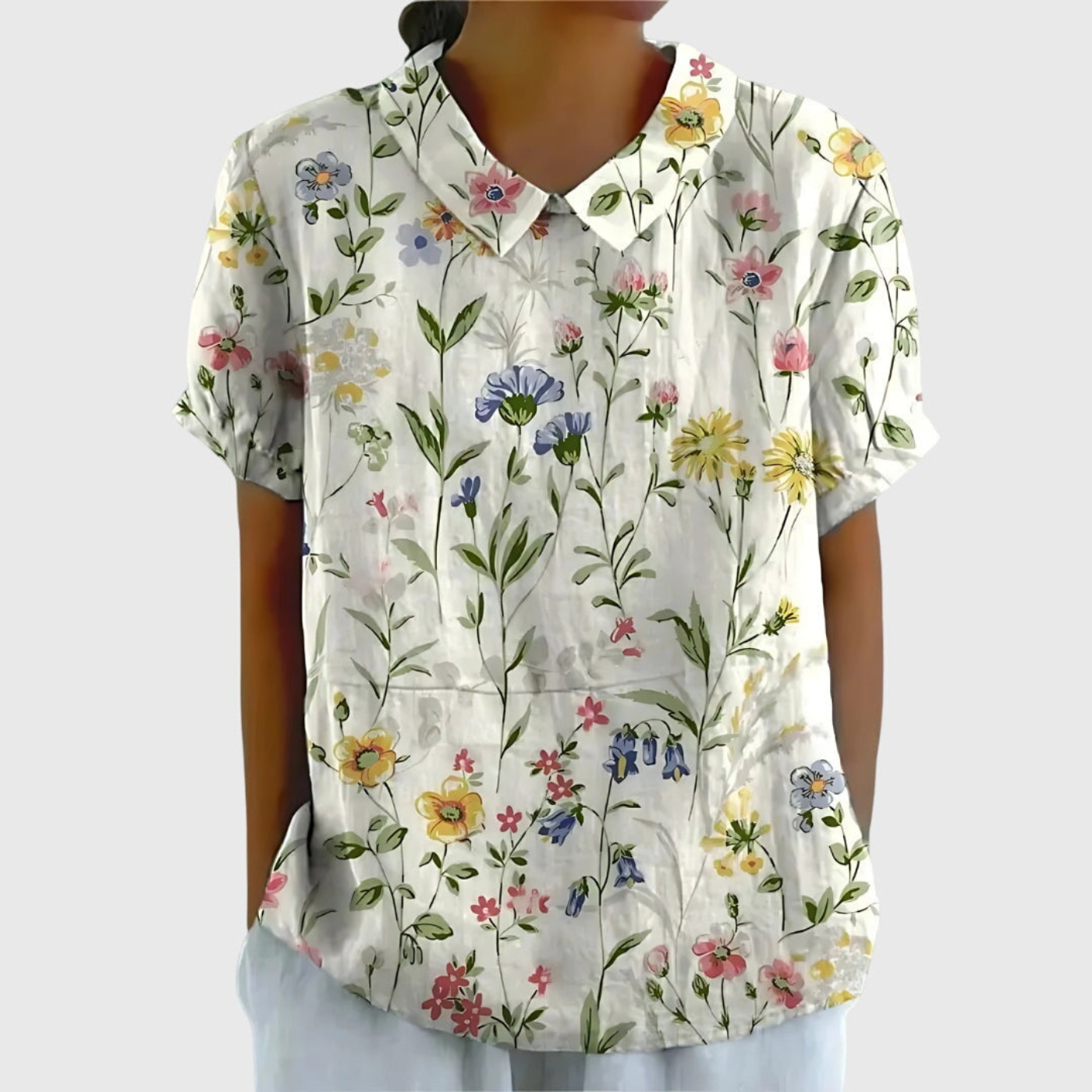 Women Linen Floral Print Short Sleeve Collared Blouse