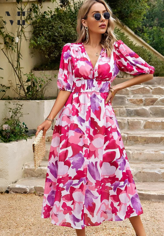 Roxelle - Floral Midi Dress Puff Sleeves
