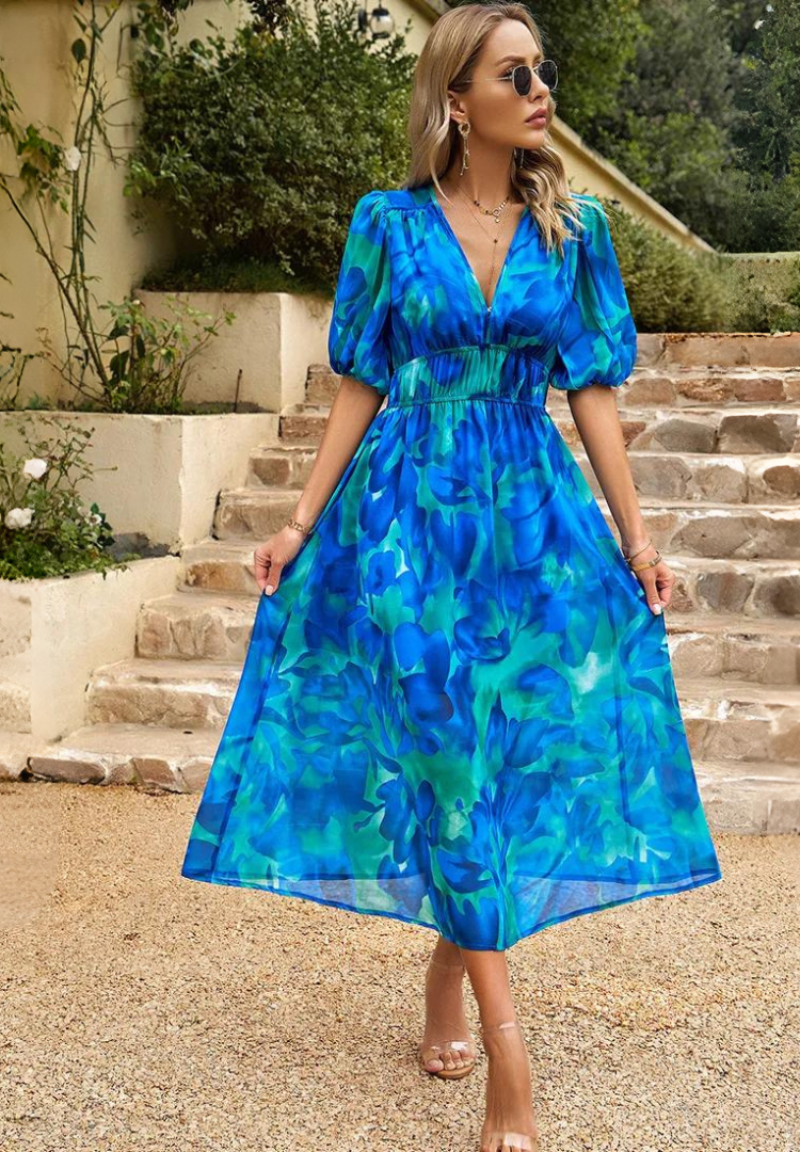 Roxelle - Abito Midi Floreale con Maniche a Sbuffo