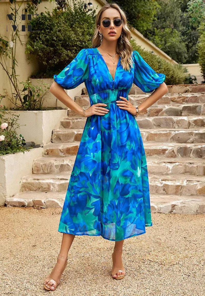 Roxelle - Abito Midi Floreale con Maniche a Sbuffo