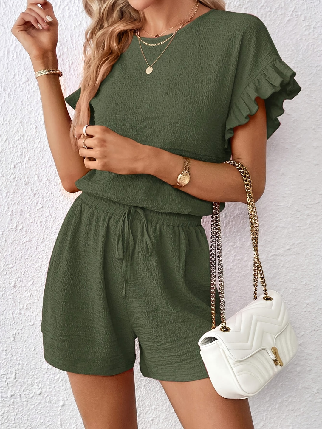 Tamirelle – Completo con top a maniche arricciate e pantaloncini a vita alta