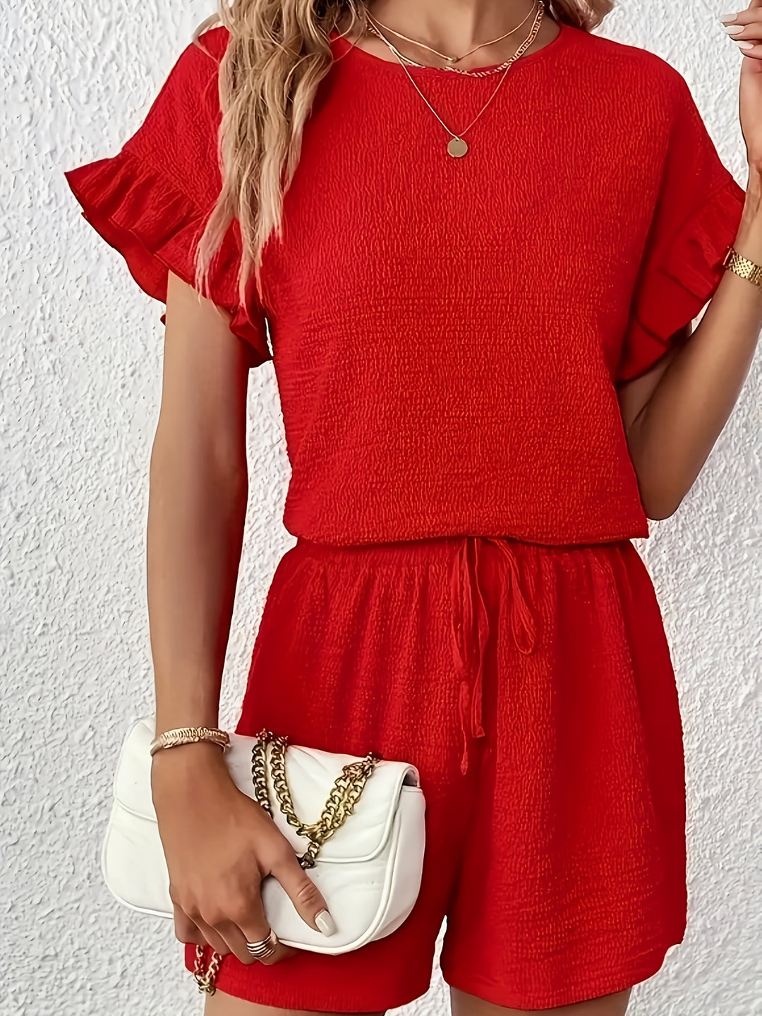 Tamirelle – Completo con top a maniche arricciate e pantaloncini a vita alta