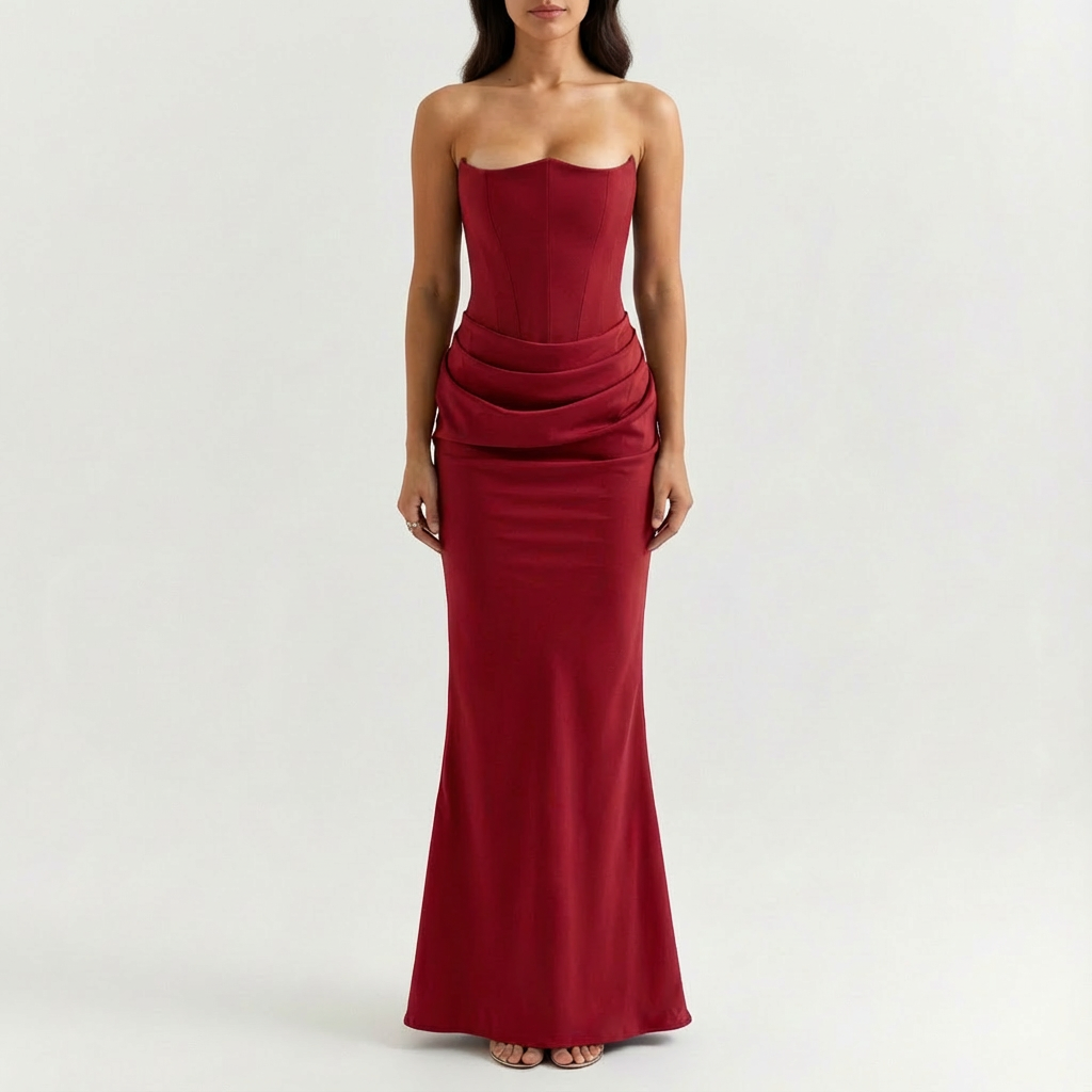 Valezza – Elegant Strapless Draped Maxi Dress