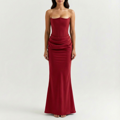 Valezza – Elegant Strapless Draped Maxi Dress