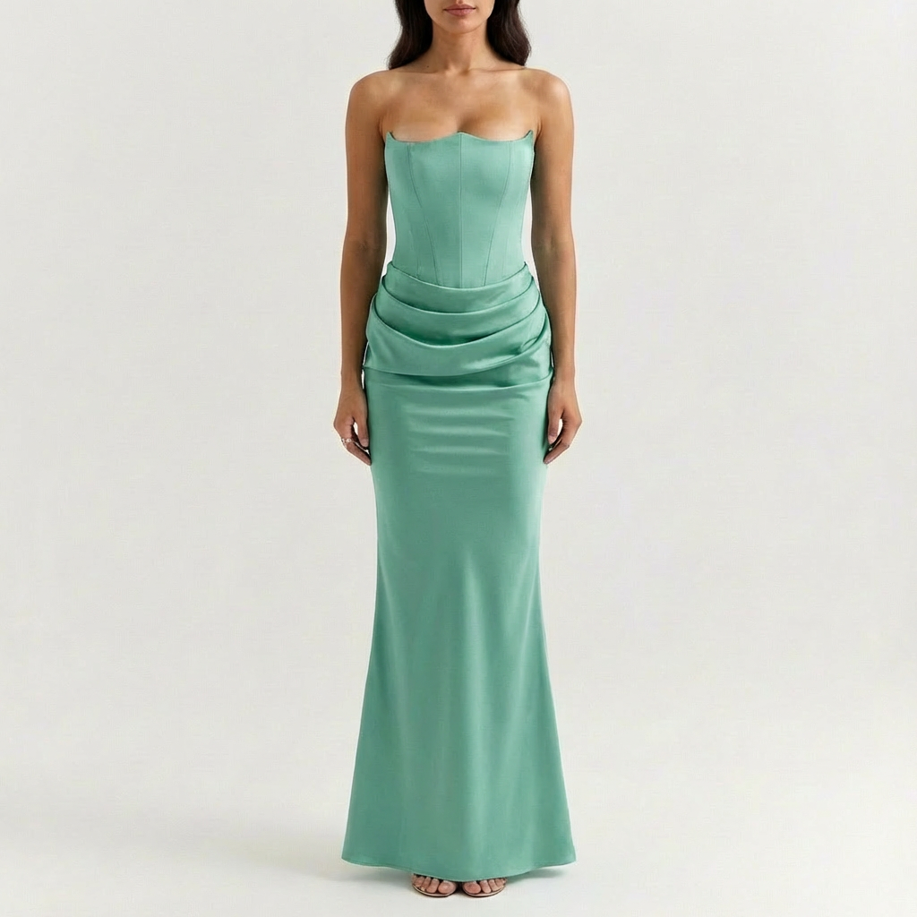 Valezza – Elegant Strapless Draped Maxi Dress