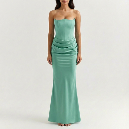 Valezza – Elegant Strapless Draped Maxi Dress