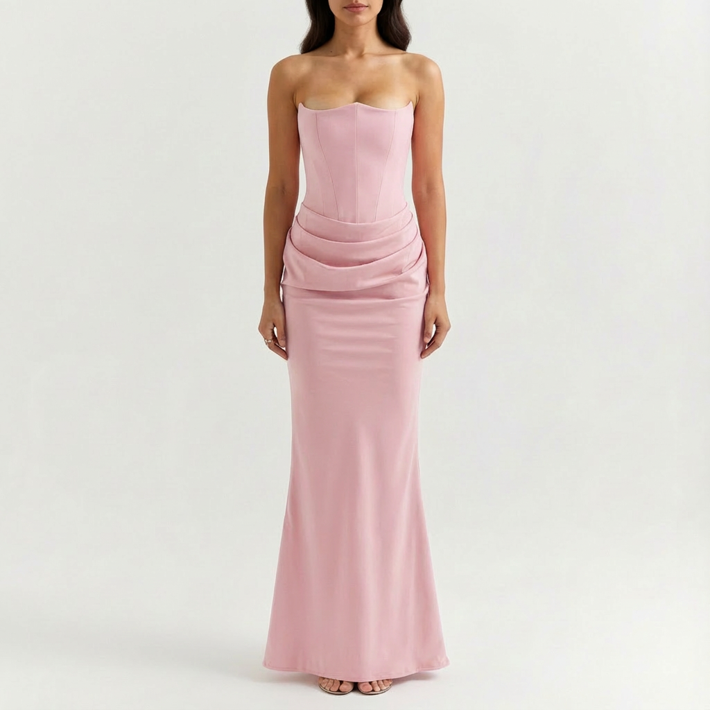 Valezza – Elegant Strapless Draped Maxi Dress