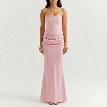 Valezza – Elegant Strapless Draped Maxi Dress