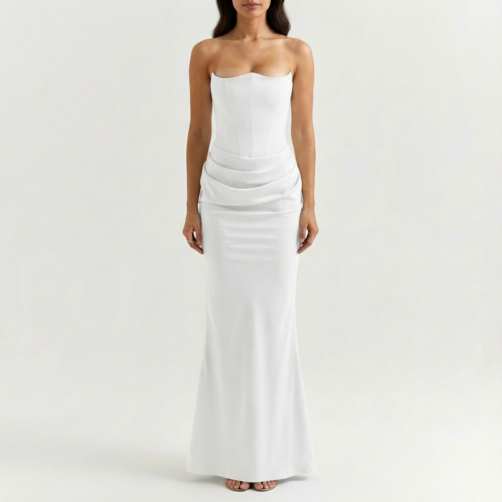 Valezza – Elegant Strapless Draped Maxi Dress