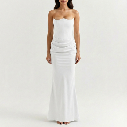 Valezza – Elegant Strapless Draped Maxi Dress