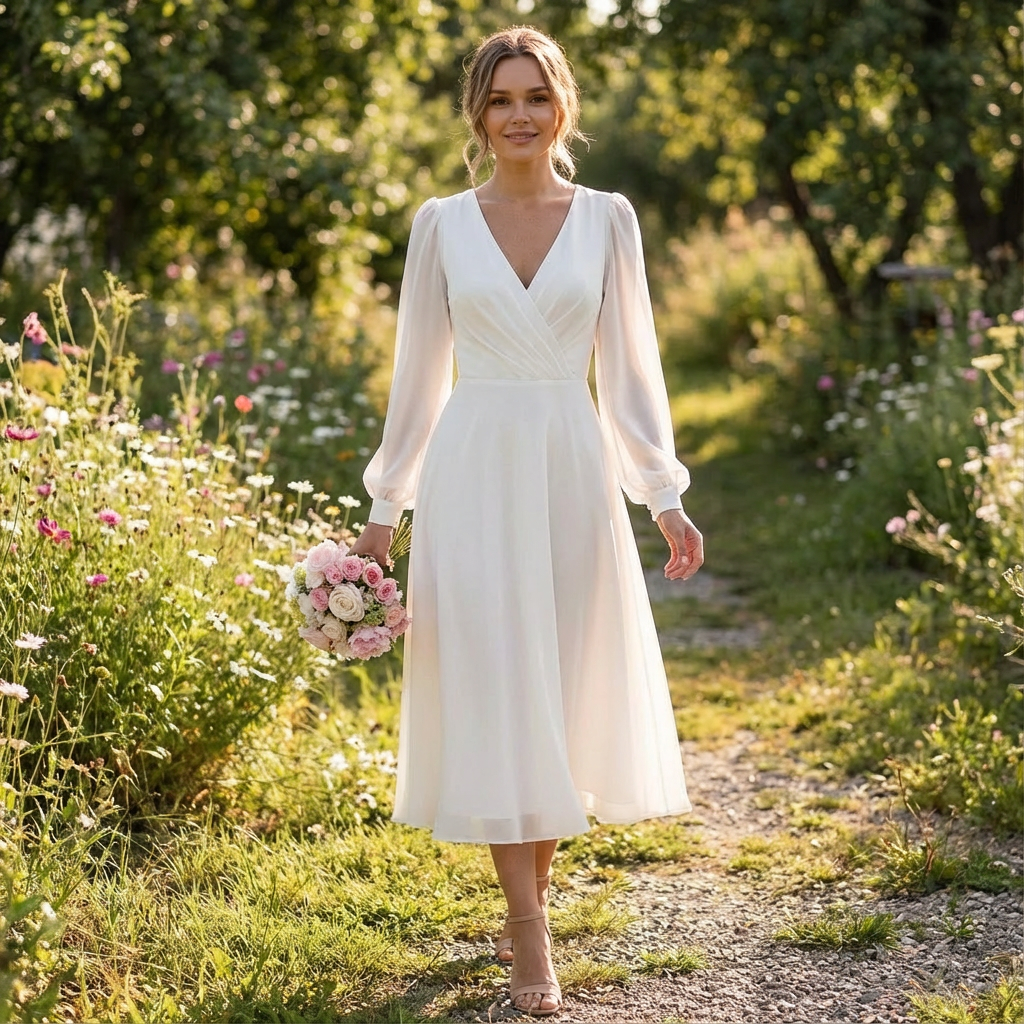 Valeria – Fehér midi menyasszonyi ruha püspöki ujjakkal, V-nyakkivágással