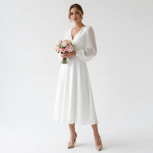 Valeria – Rochie de mireasă midi albă cu mâneci bishop și decolteu în V