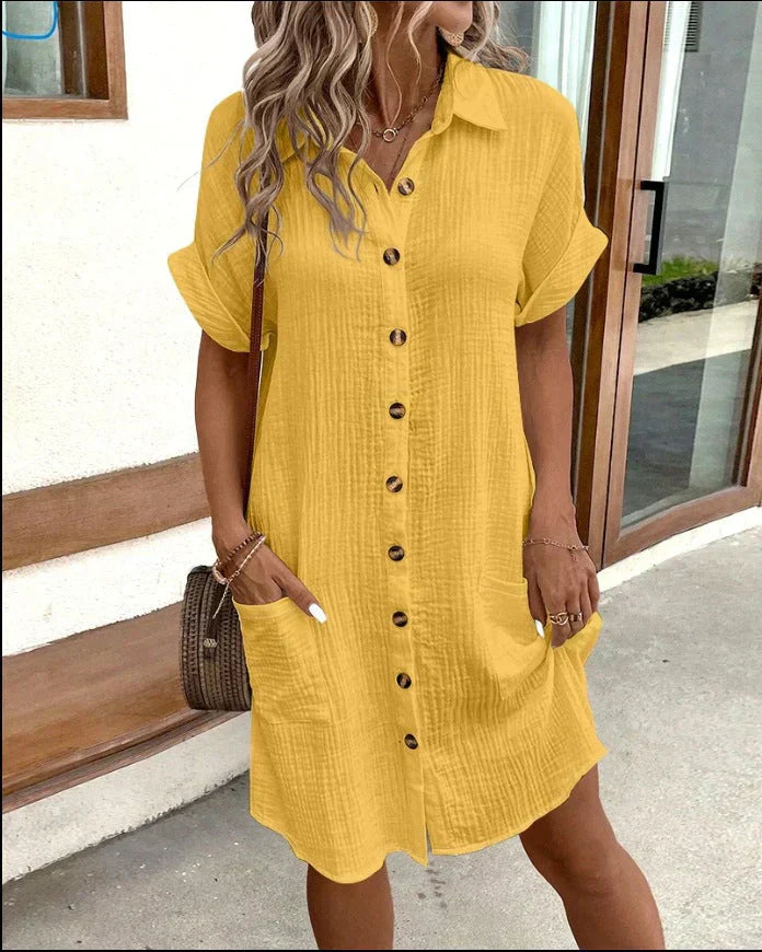 Women's Cotton Polo Shirt Dress with Pockets - Image 3