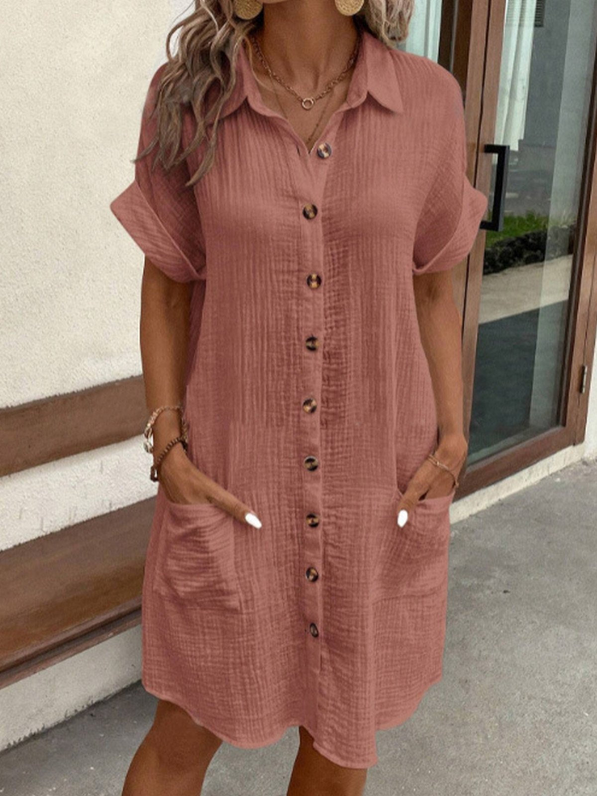 Women's Cotton Polo Shirt Dress with Pockets - Image 6