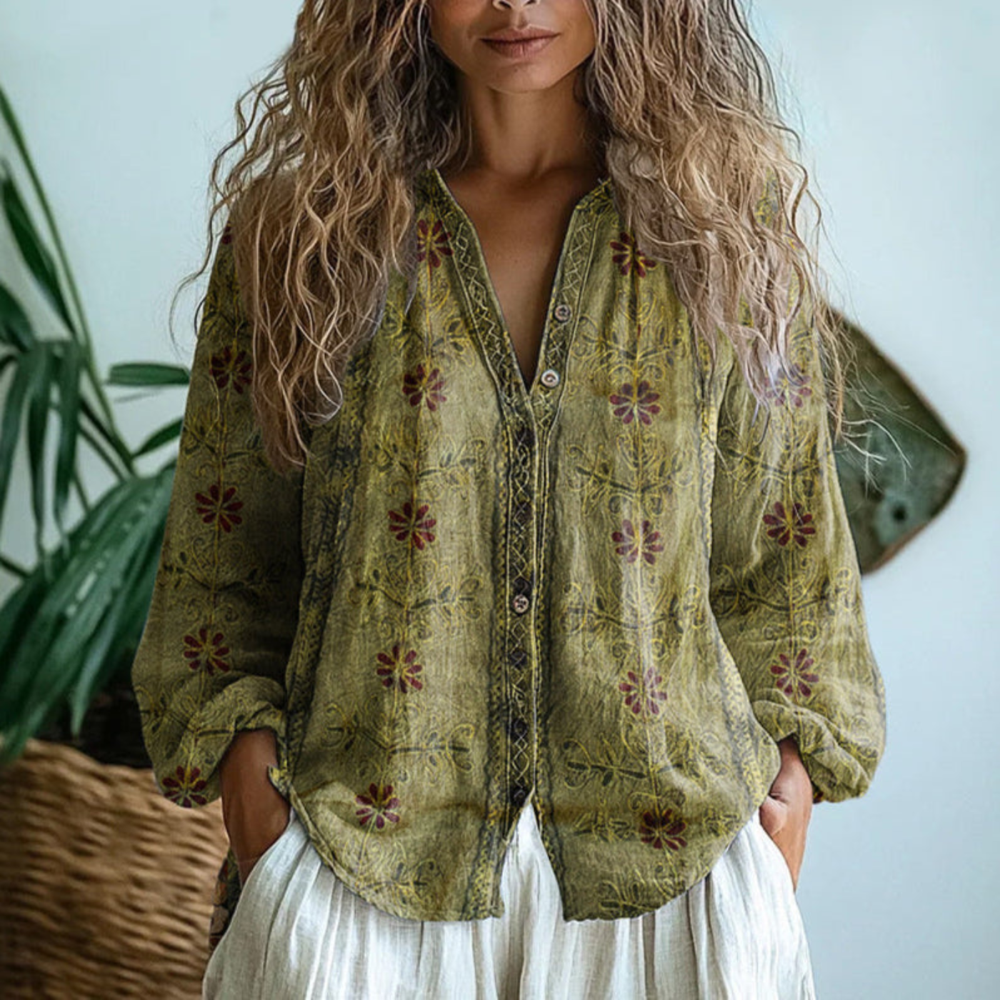 Women Linen Long Sleeve Button Down Blouse - Image 3