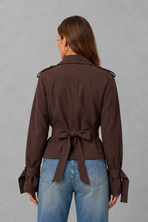 Women Cropped Double-Breasted Belted Cotton Trench Coat - Image 4
