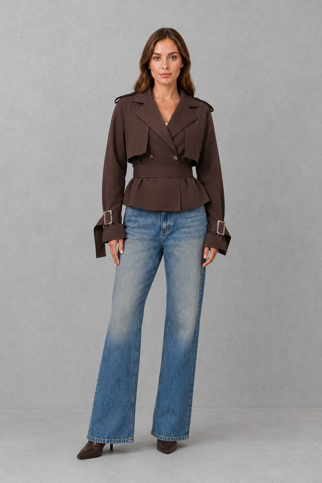Women Cropped Double-Breasted Belted Cotton Trench Coat - Image 5