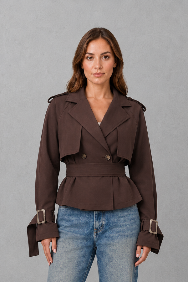 Women Cropped Double-Breasted Belted Cotton Trench Coat
