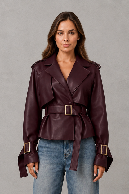 Women Cropped Double-Breasted Belted Cotton Trench Coat - Image 14