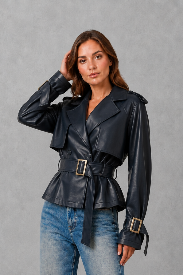 Women Cropped Double-Breasted Belted Cotton Trench Coat - Image 6