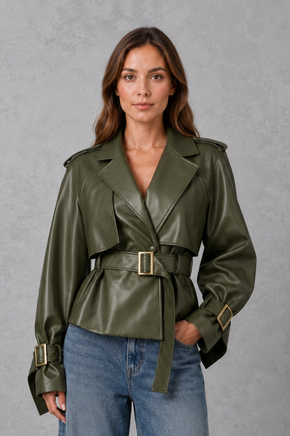 Women Cropped Double-Breasted Belted Cotton Trench Coat - Image 7