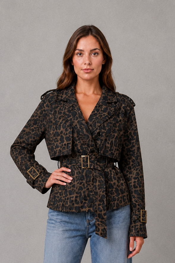 Women Cropped Double-Breasted Belted Cotton Trench Coat - Image 8