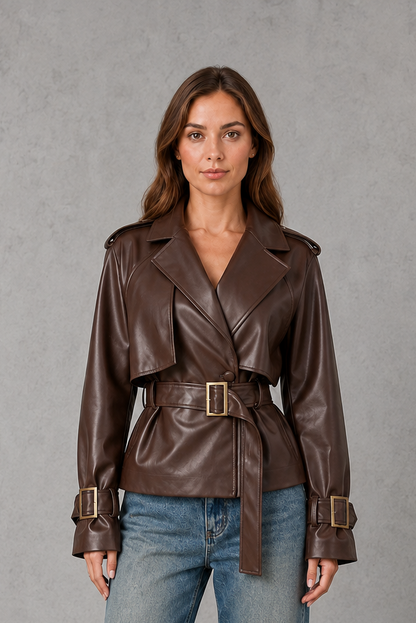Women Cropped Double-Breasted Belted Cotton Trench Coat - Image 9