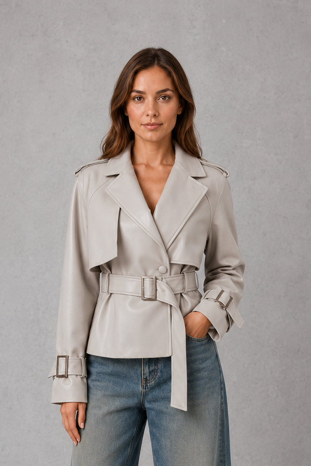Women Cropped Double-Breasted Belted Cotton Trench Coat - Image 10
